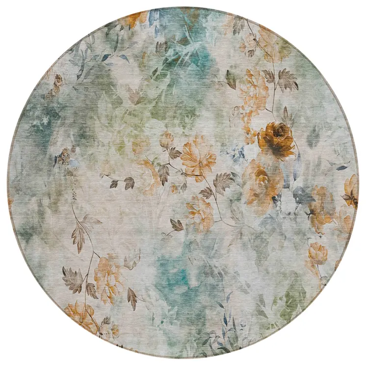 8' Teal Blue And Green Round Floral Washable Indoor Outdoor Area Rug