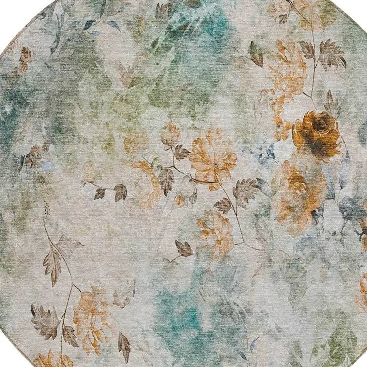 8' Teal Blue And Green Round Floral Washable Indoor Outdoor Area Rug