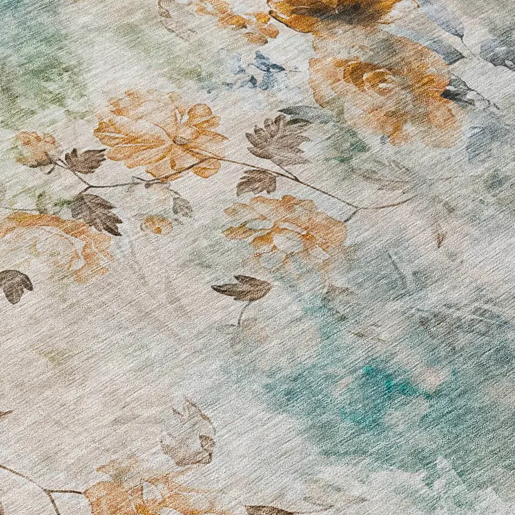 8' Teal Blue And Green Round Floral Washable Indoor Outdoor Area Rug