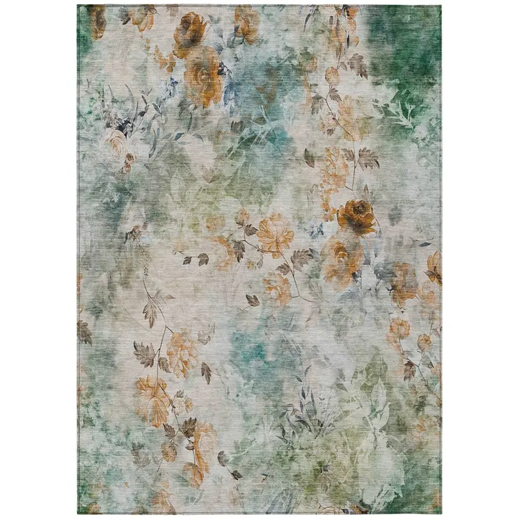8' X 10' Teal Blue And Green Floral Washable Indoor Outdoor Area Rug