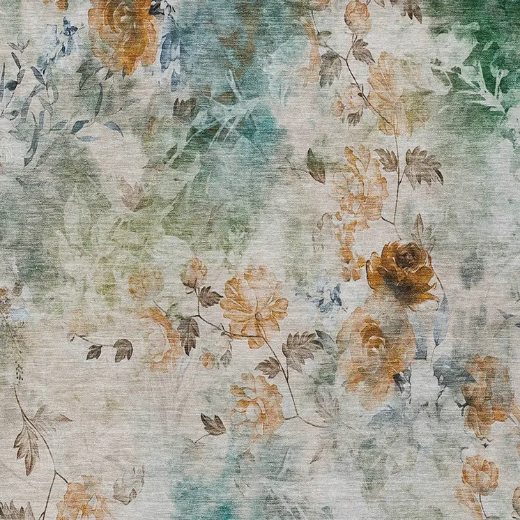 9' X 12' Teal Blue And Green Floral Washable Indoor Outdoor Area Rug