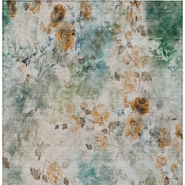 10' X 14' Teal Blue And Green Floral Washable Indoor Outdoor Area Rug