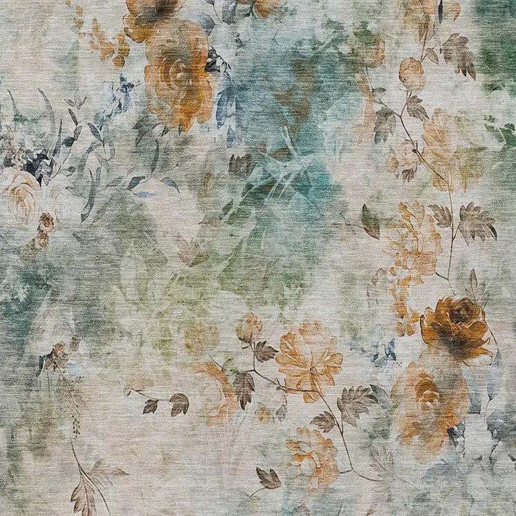 10' X 14' Teal Blue And Green Floral Washable Indoor Outdoor Area Rug