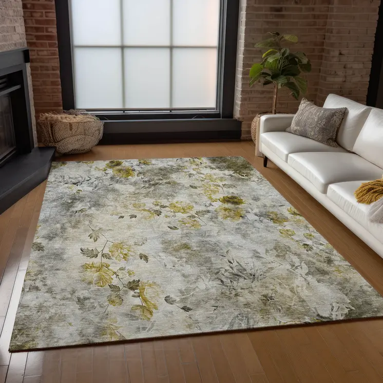 5' X 8' Taupe Ivory And Tan Floral Washable Indoor Outdoor Area Rug
