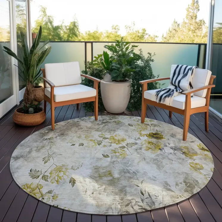 8' Taupe Ivory And Tan Round Floral Washable Indoor Outdoor Area Rug