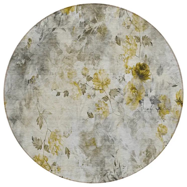 8' Taupe Ivory And Tan Round Floral Washable Indoor Outdoor Area Rug