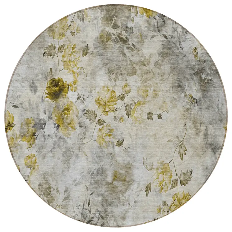 8' Taupe Ivory And Tan Round Floral Washable Indoor Outdoor Area Rug