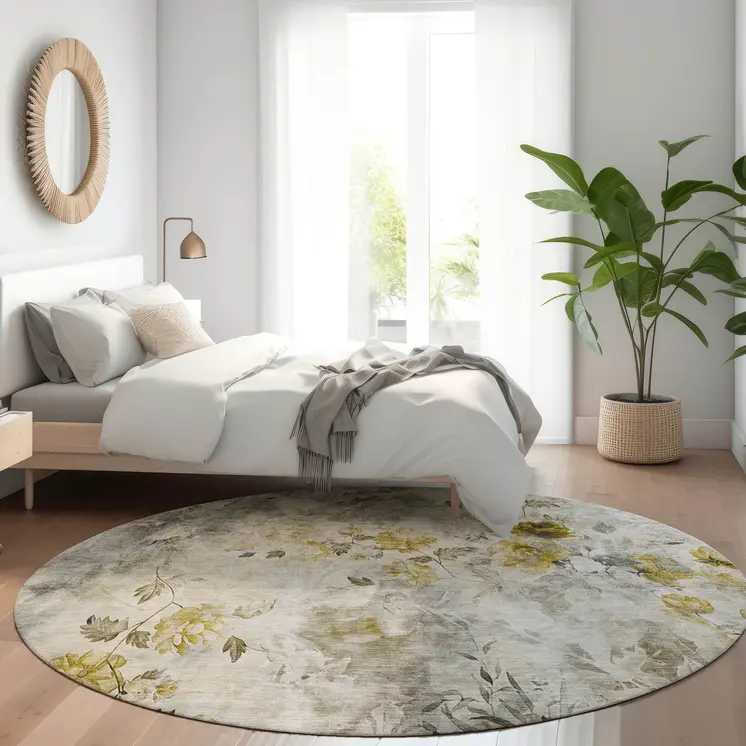 8' Taupe Ivory And Tan Round Floral Washable Indoor Outdoor Area Rug