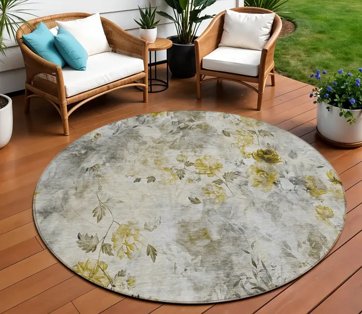 8' Taupe Ivory And Tan Round Floral Washable Indoor Outdoor Area Rug
