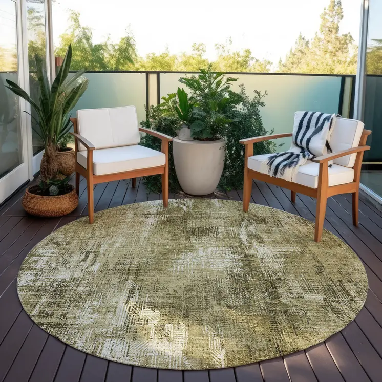 8' Brown Taupe And Ivory Round Abstract Washable Indoor Outdoor Area Rug