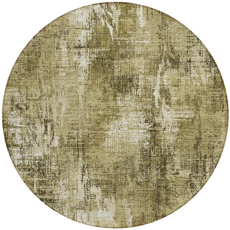8' Brown Taupe And Ivory Round Abstract Washable Indoor Outdoor Area Rug