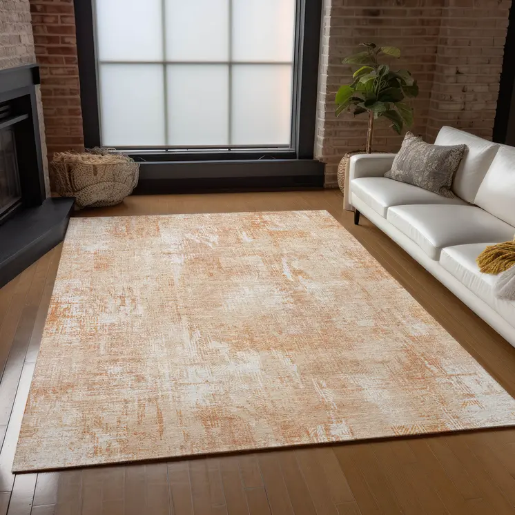 5' X 8' Coral Peach And Ivory Abstract Washable Indoor Outdoor Area Rug