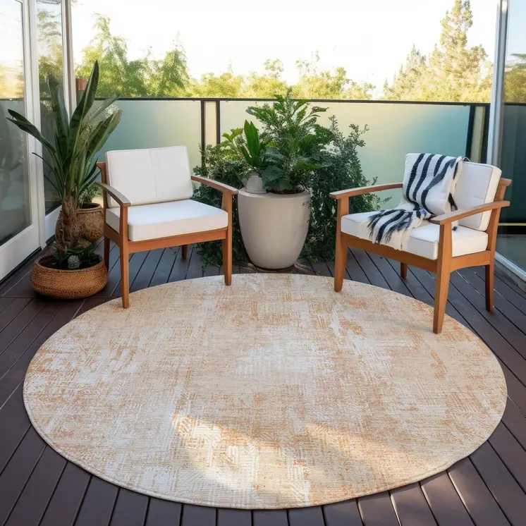 8' Coral Peach And Ivory Round Abstract Washable Indoor Outdoor Area Rug