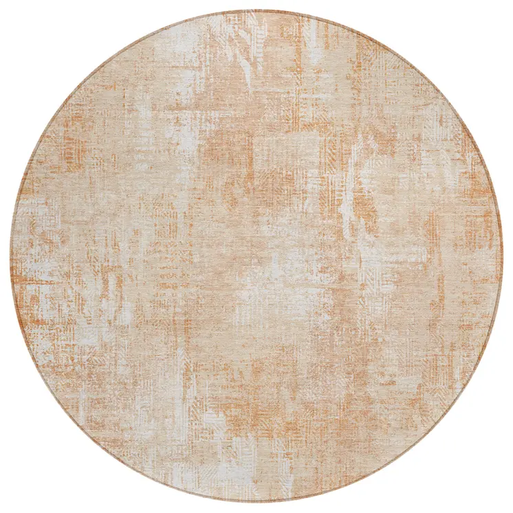 8' Coral Peach And Ivory Round Abstract Washable Indoor Outdoor Area Rug