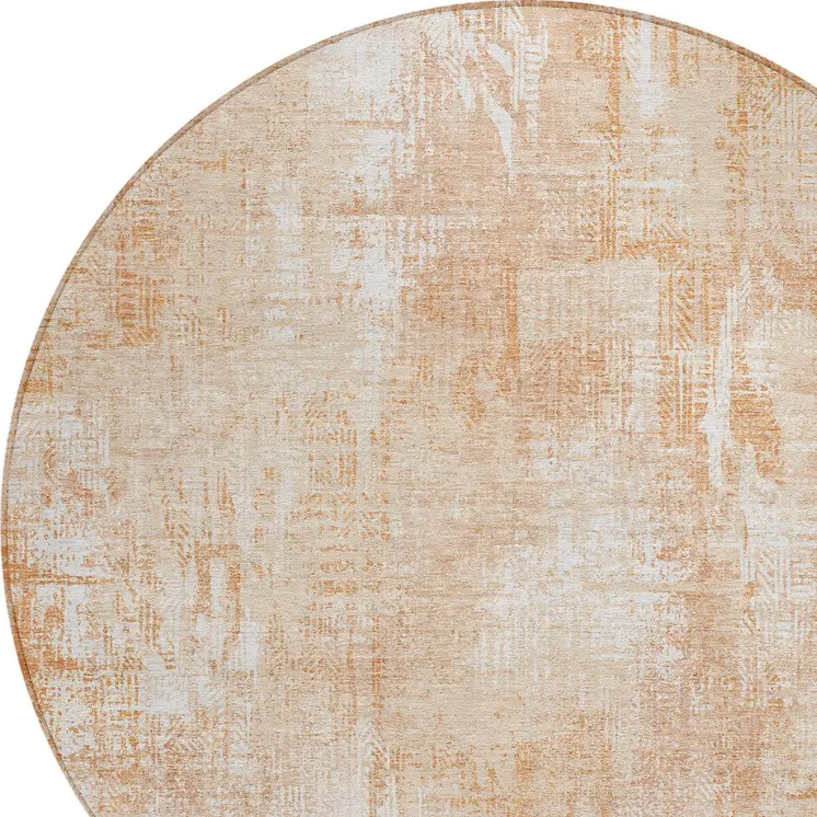 8' Coral Peach And Ivory Round Abstract Washable Indoor Outdoor Area Rug