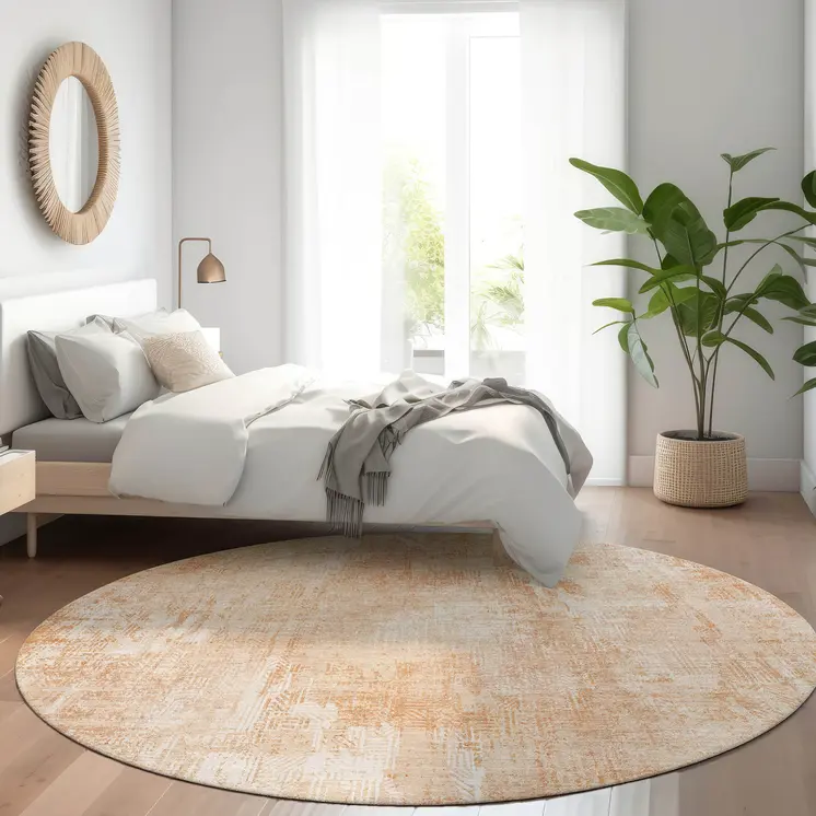 8' Coral Peach And Ivory Round Abstract Washable Indoor Outdoor Area Rug