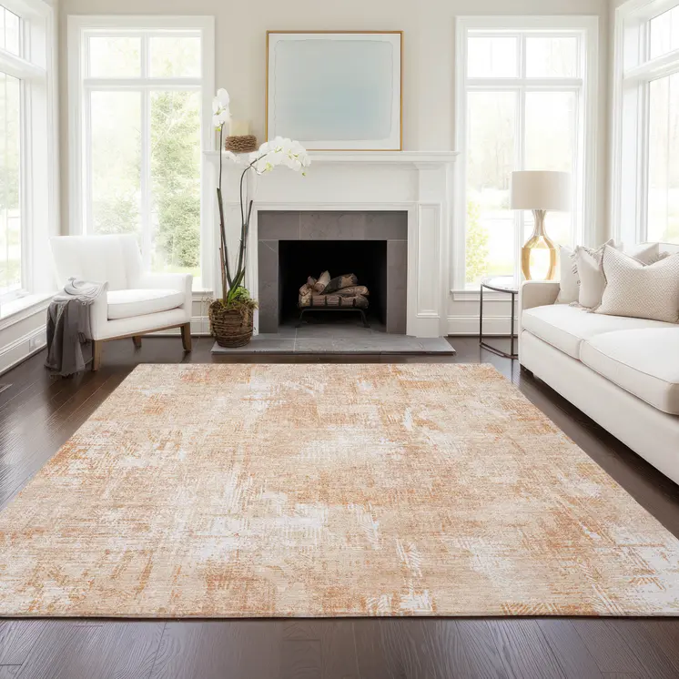 10' X 14' Coral Peach And Ivory Abstract Washable Indoor Outdoor Area Rug