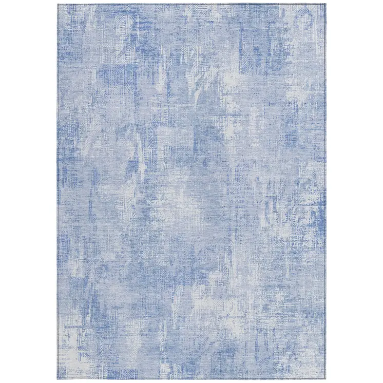 9' X 12' Sky Blue Denim Blue And Ivory Abstract Washable Indoor Outdoor Area Rug