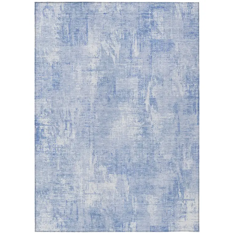 10' X 14' Sky Blue Denim Blue And Ivory Abstract Washable Indoor Outdoor Area Rug