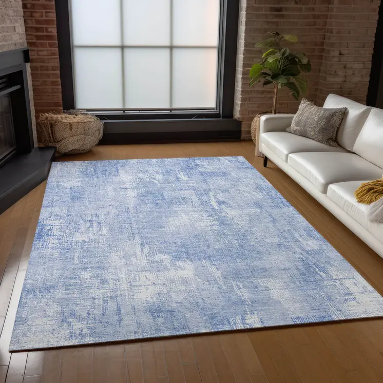 10' X 14' Sky Blue Denim Blue And Ivory Abstract Washable Indoor Outdoor Area Rug