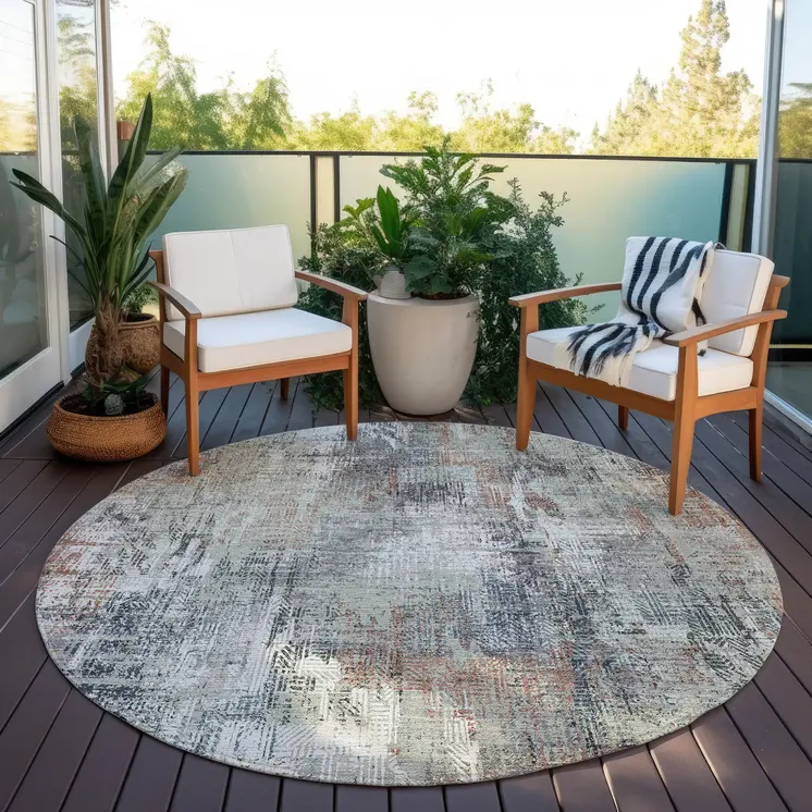 8' Taupe Gray And Copper Round Abstract Washable Indoor Outdoor Area Rug