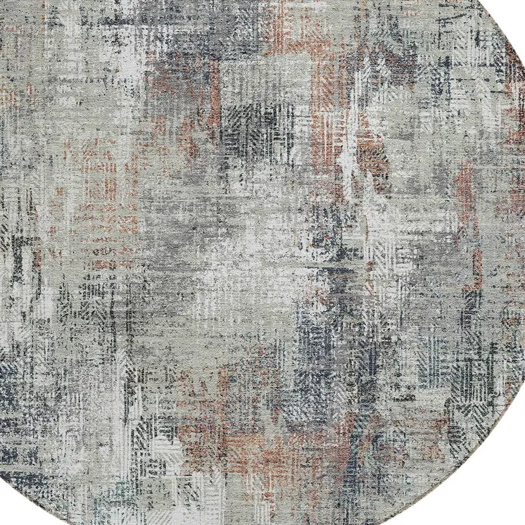 8' Taupe Gray And Copper Round Abstract Washable Indoor Outdoor Area Rug