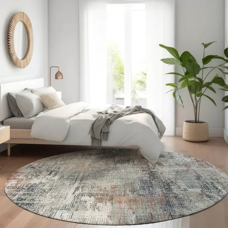 8' Taupe Gray And Copper Round Abstract Washable Indoor Outdoor Area Rug