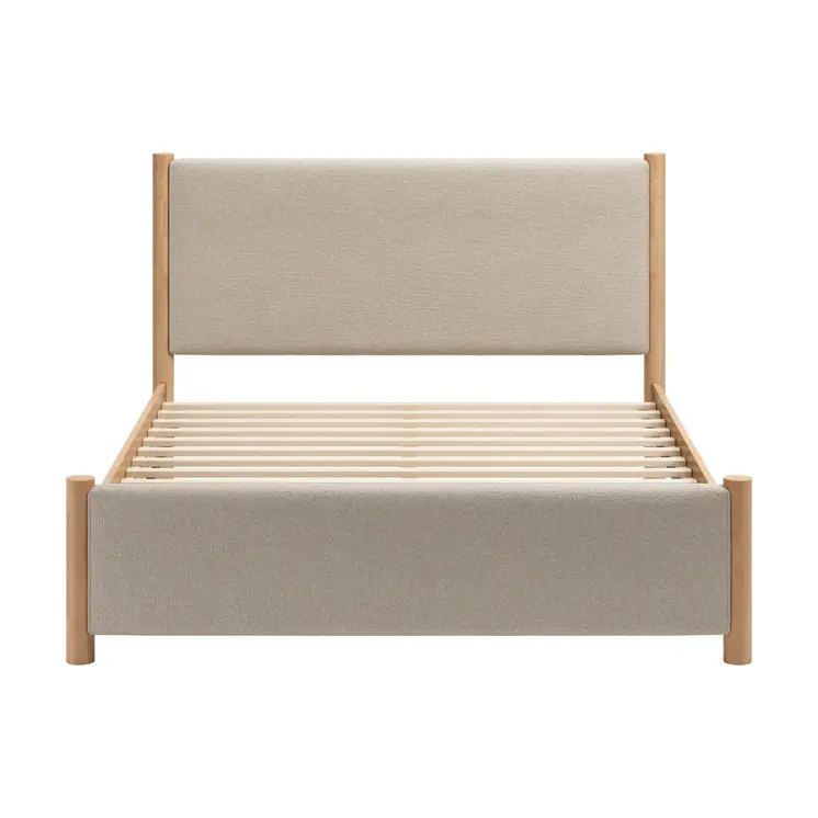 Beige Wood And Upholstery Queen Bed Frame