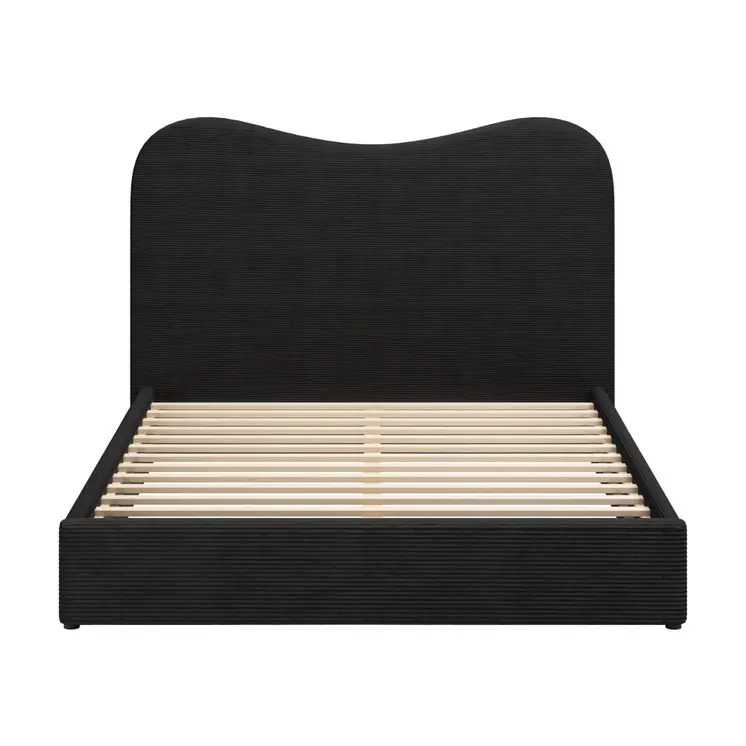 Black Ribbed Texture Velvet Upholstered Queen Bed Frame