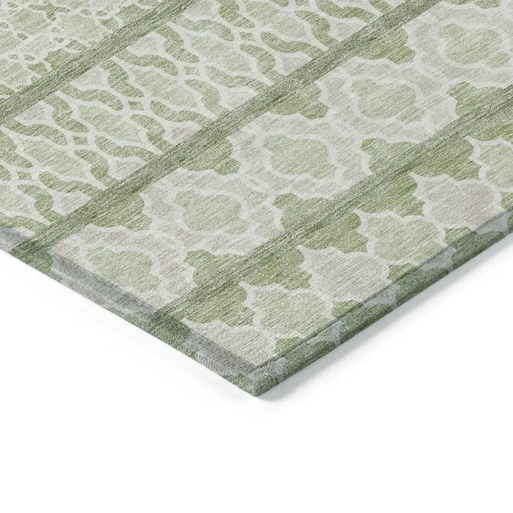 3' X 5' Artichoke Green And Ivory Quatrefoil Washable Indoor Outdoor Area Rug