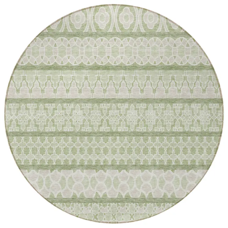 8' Artichoke Green And Ivory Round Quatrefoil Washable Indoor Outdoor Area Rug