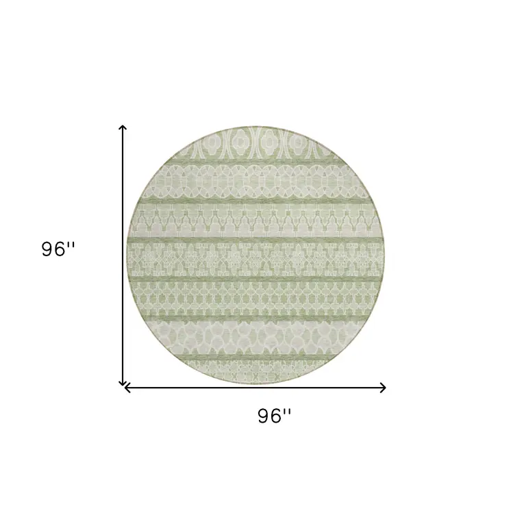 8' Artichoke Green And Ivory Round Quatrefoil Washable Indoor Outdoor Area Rug
