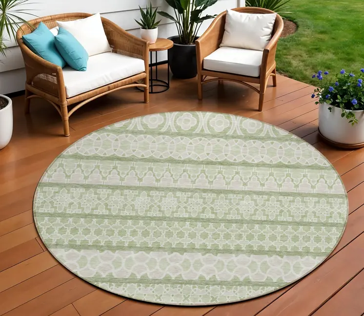 8' Artichoke Green And Ivory Round Quatrefoil Washable Indoor Outdoor Area Rug