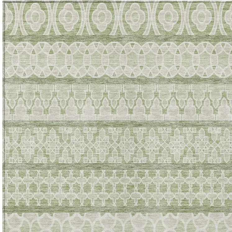 8' X 10' Artichoke Green And Ivory Quatrefoil Washable Indoor Outdoor Area Rug