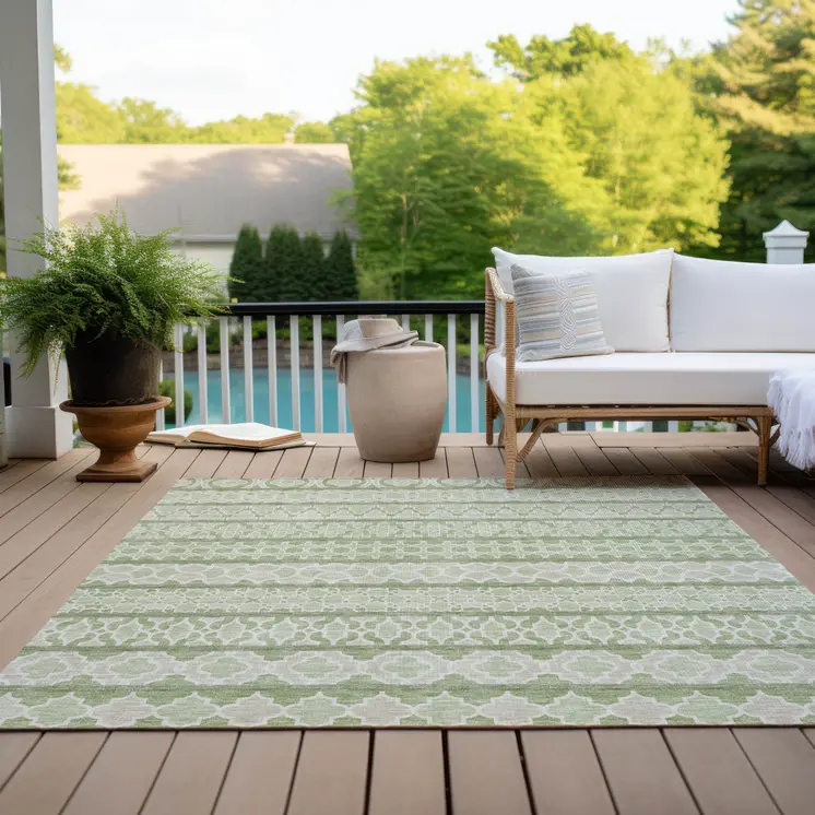 10' X 14' Artichoke Green And Ivory Quatrefoil Washable Indoor Outdoor Area Rug