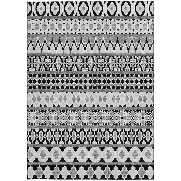 5' X 8' Black Gray And Ivory Quatrefoil Washable Indoor Outdoor Area Rug