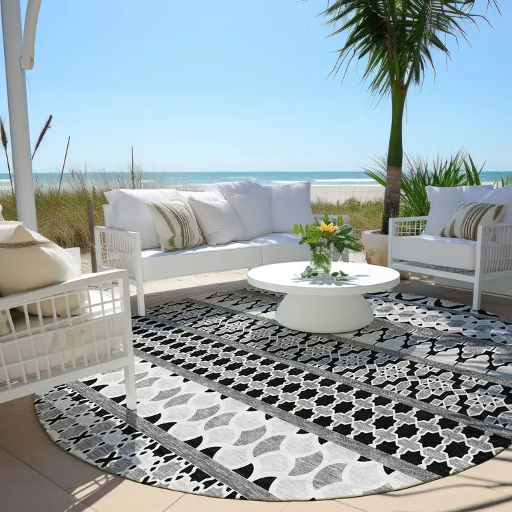 8' Black Gray And Ivory Round Quatrefoil Washable Indoor Outdoor Area Rug