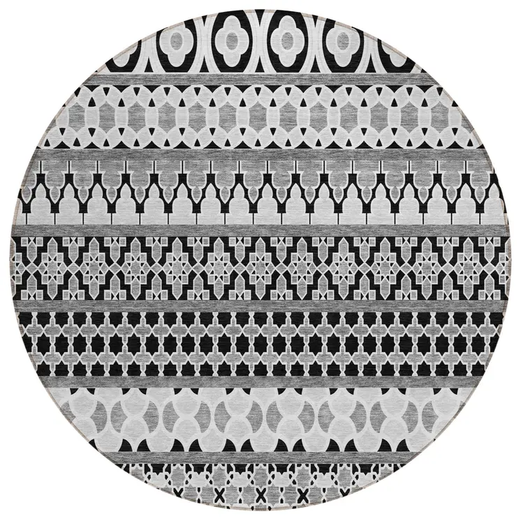 8' Black Gray And Ivory Round Quatrefoil Washable Indoor Outdoor Area Rug