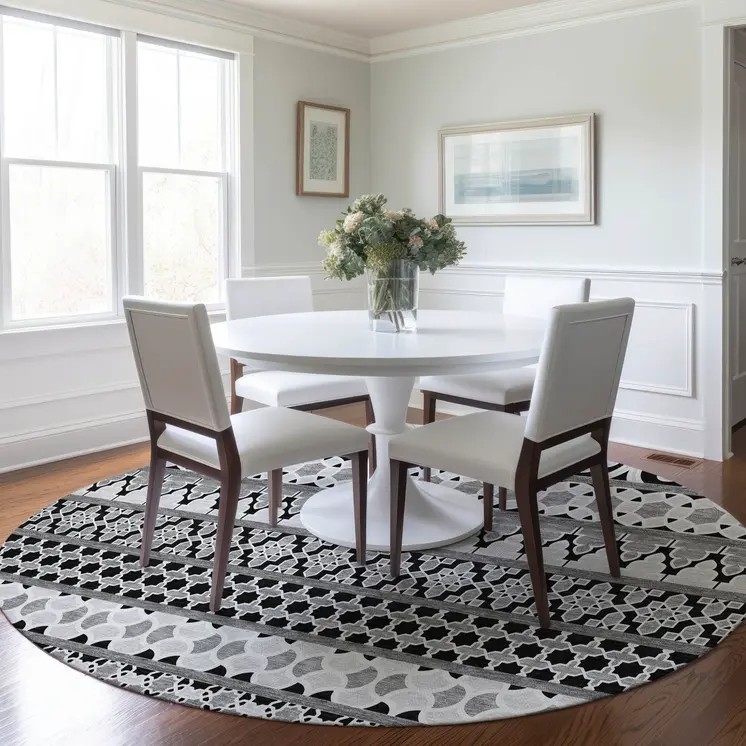 8' Black Gray And Ivory Round Quatrefoil Washable Indoor Outdoor Area Rug