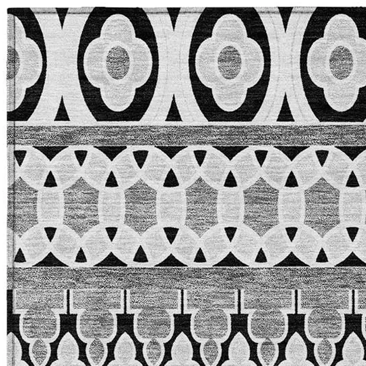 8' X 10' Black Gray And Ivory Quatrefoil Washable Indoor Outdoor Area Rug