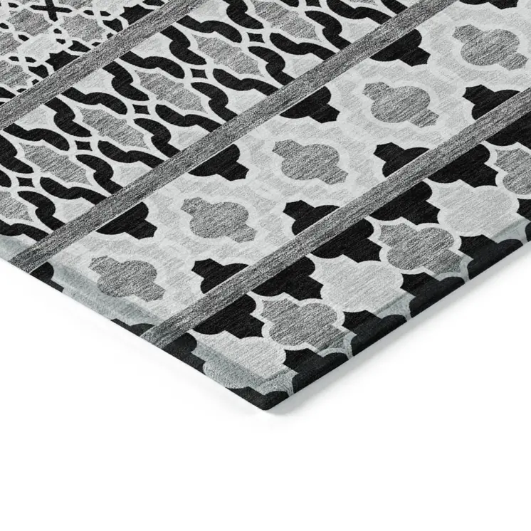 8' X 10' Black Gray And Ivory Quatrefoil Washable Indoor Outdoor Area Rug