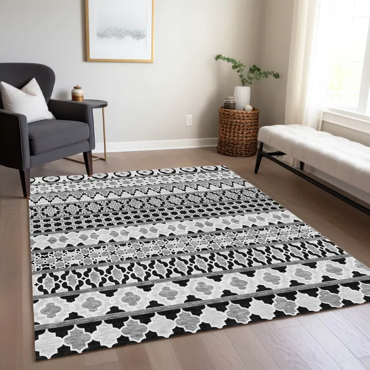 9' X 12' Black Gray And Ivory Quatrefoil Washable Indoor Outdoor Area Rug