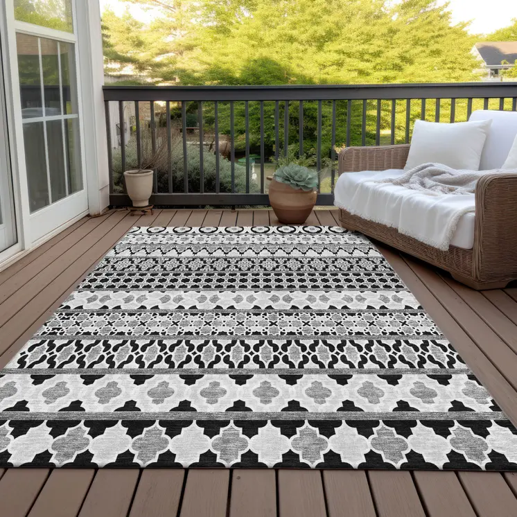 10' X 14' Black Gray And Ivory Quatrefoil Washable Indoor Outdoor Area Rug