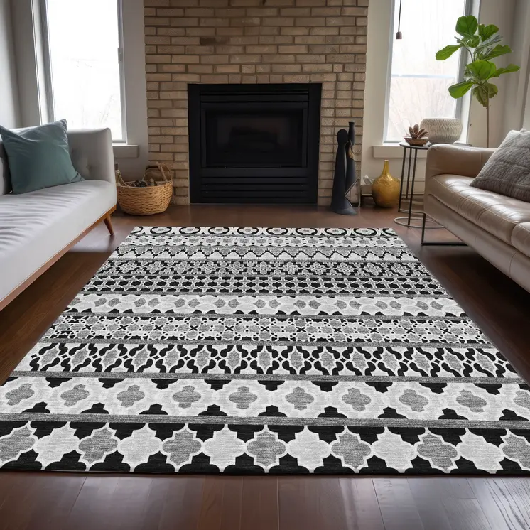 10' X 14' Black Gray And Ivory Quatrefoil Washable Indoor Outdoor Area Rug