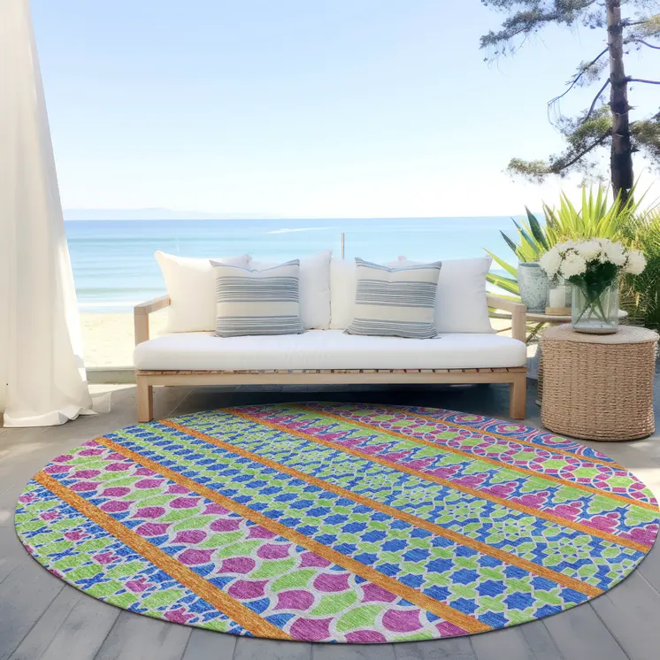 8' Blush Blue And Lime Green Round Quatrefoil Washable Indoor Outdoor Area Rug