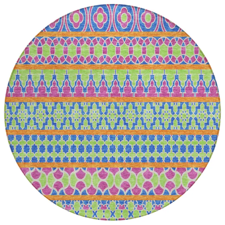 8' Blush Blue And Lime Green Round Quatrefoil Washable Indoor Outdoor Area Rug
