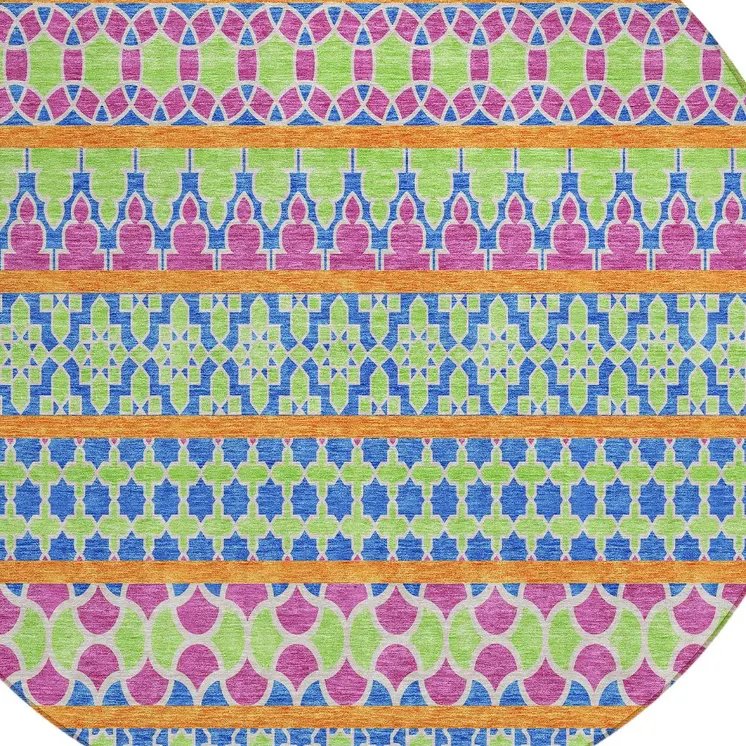 8' Blush Blue And Lime Green Round Quatrefoil Washable Indoor Outdoor Area Rug