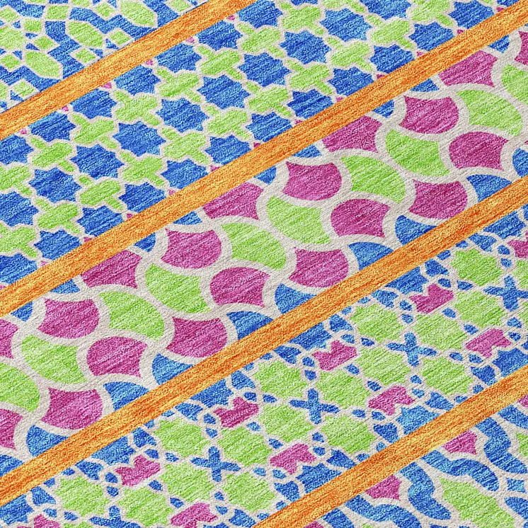 8' Blush Blue And Lime Green Round Quatrefoil Washable Indoor Outdoor Area Rug