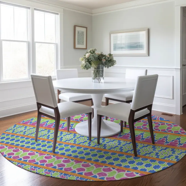 8' Blush Blue And Lime Green Round Quatrefoil Washable Indoor Outdoor Area Rug