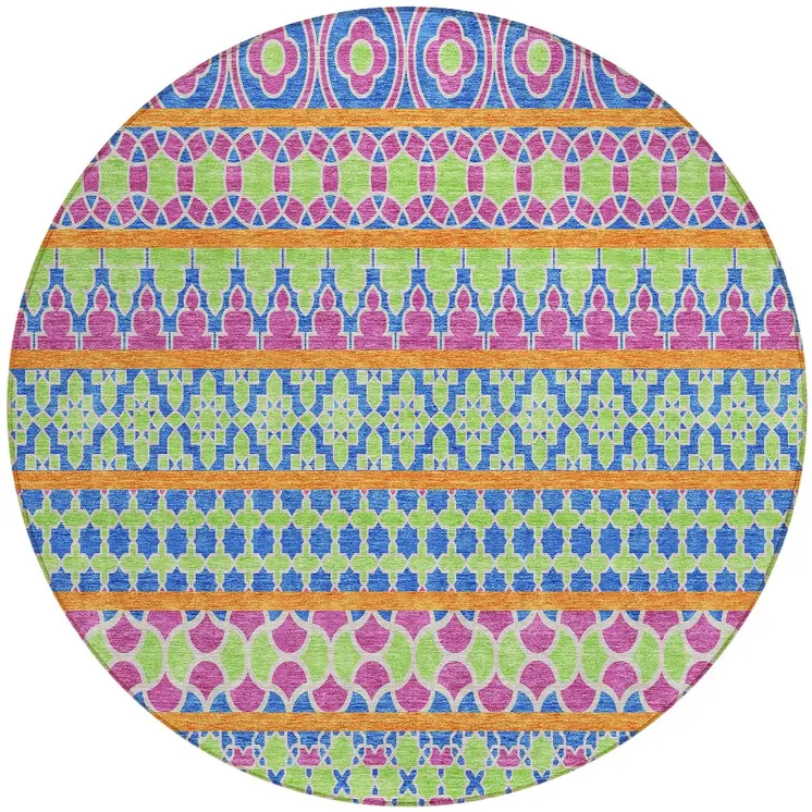 8' Blush Blue And Lime Green Round Quatrefoil Washable Indoor Outdoor Area Rug